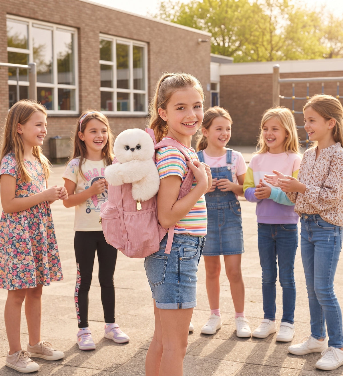 Girl with Lulabee on her pink backpack, surrounded by happy friends at school