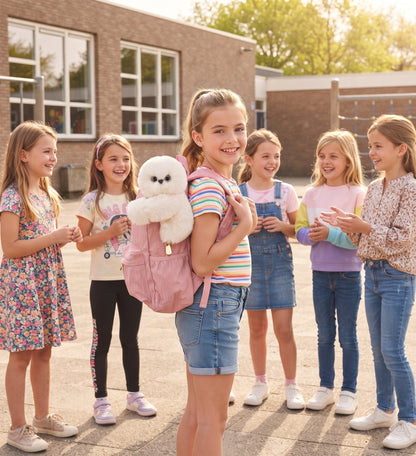 Girl with Lulabee on her pink backpack, surrounded by happy friends at school